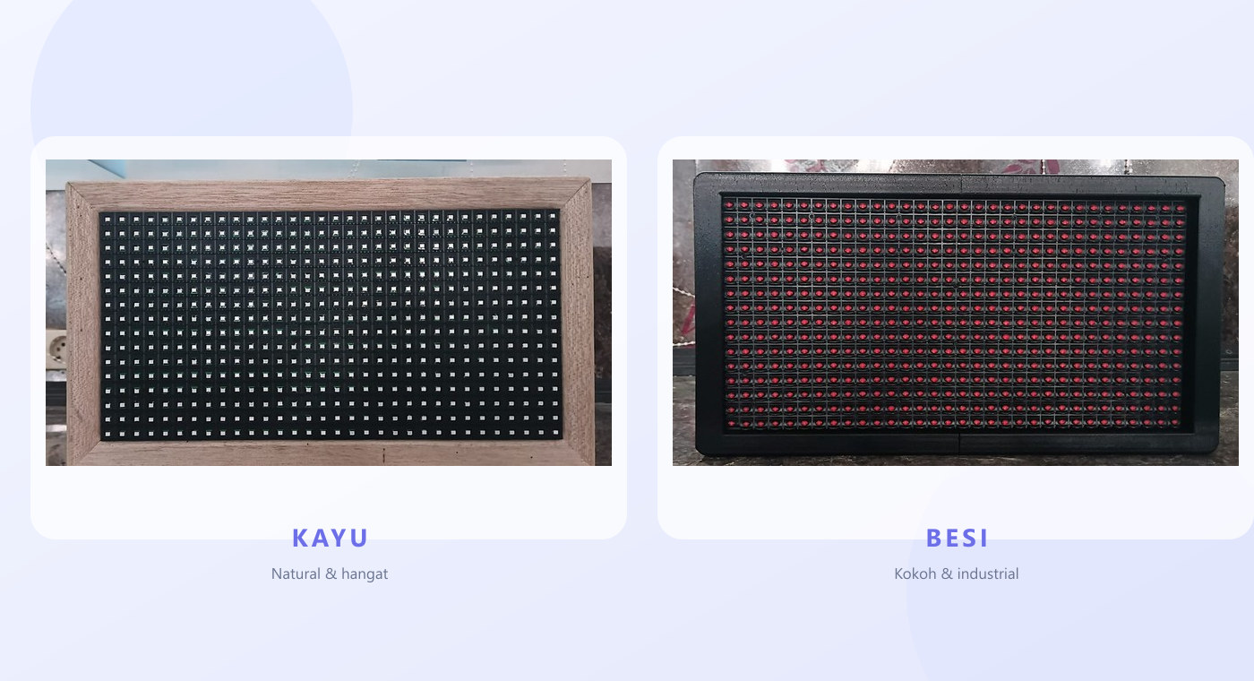 Pilihan casing kayu dan besi untuk panel jam IoT custom